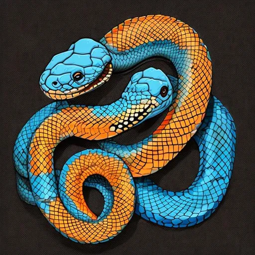 Prompt: Orange and blue snake eating its tail on a black background artwork
