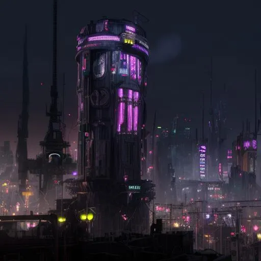 Prompt: neon colored war torn Dystopian   city set in a cyber punk future. being invaded by steam punk tentacle creatures
