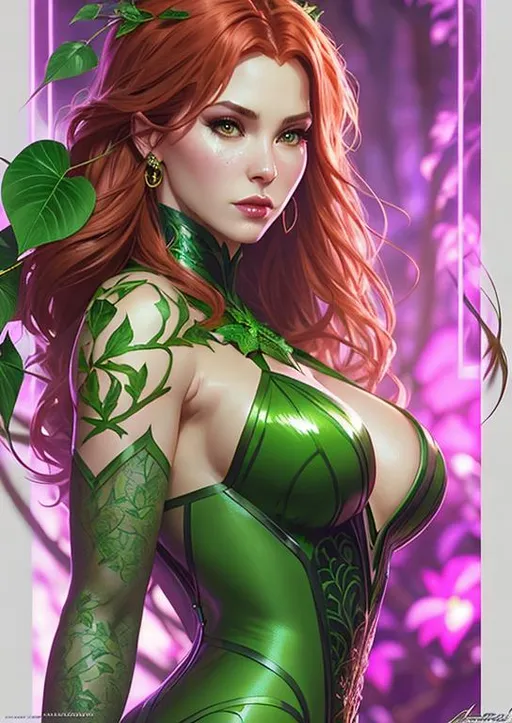 Prompt: a portrait of poison ivy, fantasy, sharp focus, intricate, elegant, digital painting, artstation, matte, highly detailed, concept art, illustration, ambient lighting, art by ilya kuvshinov, artgerm, alphonse mucha, and greg rutkowski