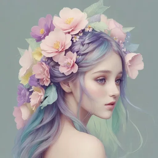 Prompt: Beautiful creation, woman with flowers in her hair, pastel colors