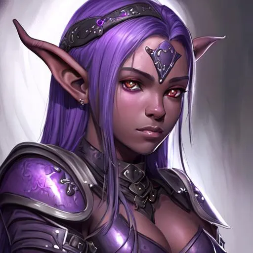 Prompt: Portrait of a sad, innocent, beautiful young female tiefling with very dark ash skin, leather armor and light purple psionic blades on her hand