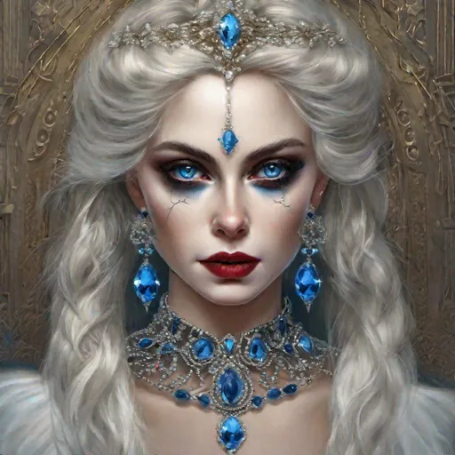 Prompt: ritratto in primo  piano  realistico di viso di donna bellissima con occhi grandi azzurri di origine russa in ambiente gotico vampiresco con gioielli e stile glamour