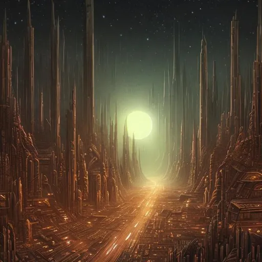 Prompt: vast wooden alien city at night busy city dim lights 