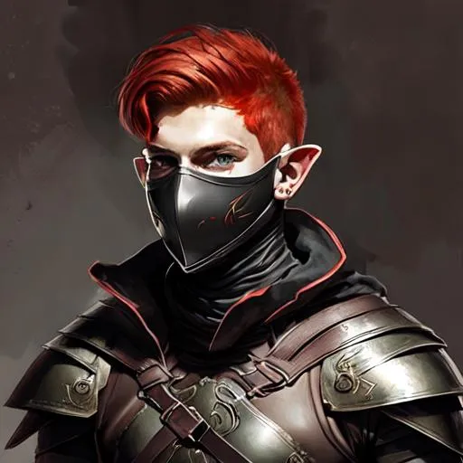 Prompt: half face masked male elf in dark leather armor with red hair