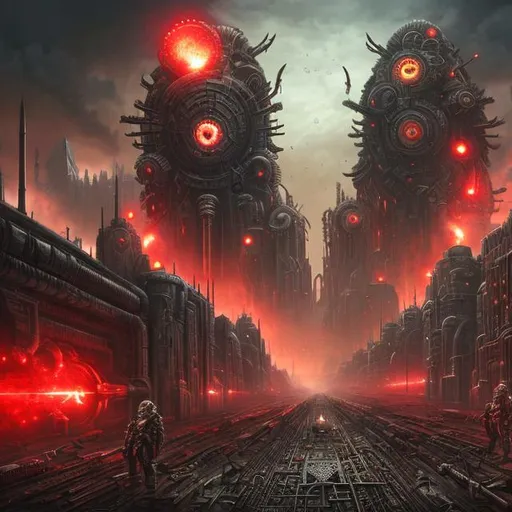 Prompt: Evil dictatorship, red lights, Biological mechanical war machine, fantasy art style, dystopian, apocalyptic, explosion, nuclear weapons, painting, city, metropolis, guns, bullets, teeth, eyes