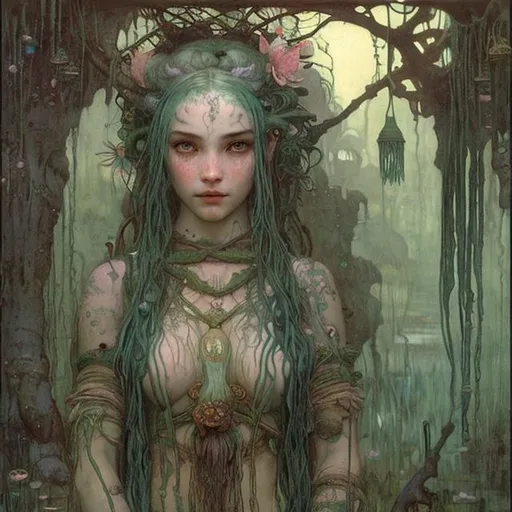 Prompt: Portrait Druid witch Girl with pretty detailed face and sea foam green hair in a swamp at sunset with peach water lilies and lotus blooms and  hanging lanterns by John bauer high contrast John William Waterhouse high bloom concept art