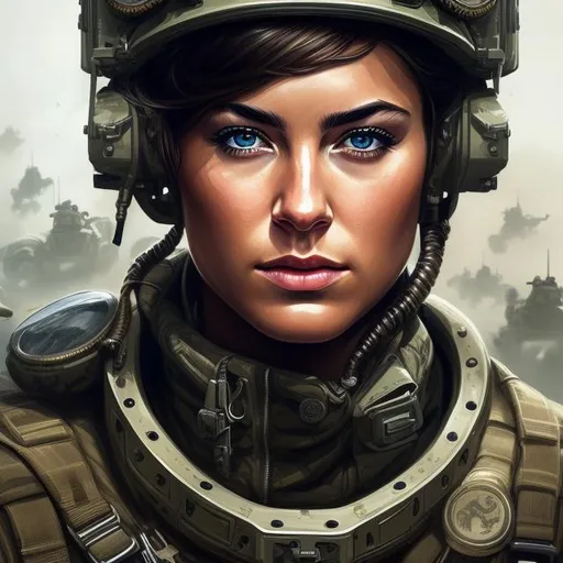 Prompt: hyperrealistic portrait of female tank commander| full shot| detailed face| symmetric| intricate| realistic| cinematic| character design| concept art| highly detailed| illustration| digital art| digital painting