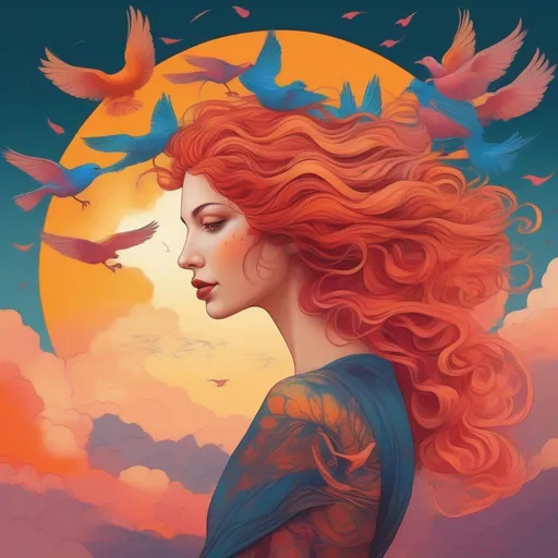 Prompt: colourful and beautiful Persephone with hair that is made out of a sunset with clouds and flying birds