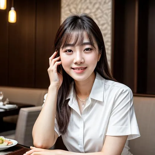 Prompt: HD photo of a Cute Korean woman in a 5 star gourmet Asian restaurant. Happy, Instagram photo, beautiful, Korean, k-beauty