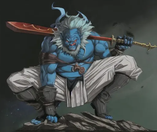 Prompt: oni demon, hob-goblin buff fat, male, blue skinned, monk, with a sword, wearing tattered clothes and half a mask