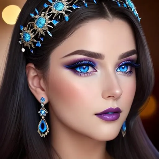 Prompt: a realistic feminine elegant princess ,  dark hair, large blue eyes, wearing jewls in her hair,  beautiful makeup, blue eyeshadow, dark pink lipstick, facial closeup