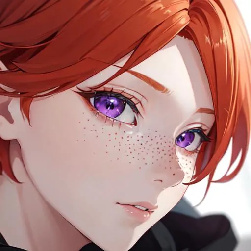 Prompt: Erikku male adult (short ginger hair, freckles, right eye blue left eye purple) UHD, 8K, Highly detailed, insane detail, best quality, high quality, anime style