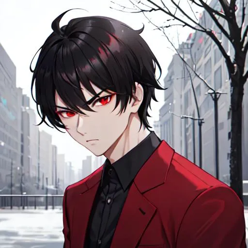 Prompt: Damien (male, short black hair, red eyes) in the park at night, casual outfit, midnight, angry, stern look on his face