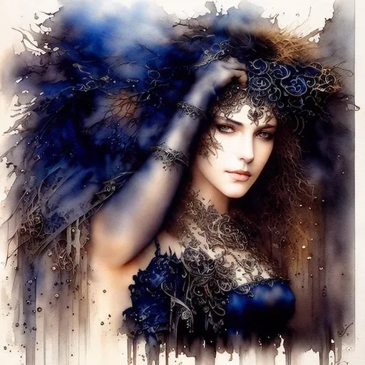 Prompt: (portrait) Luis Royo fine art, dark blue ink, gold watercolor, extremely detailed, precise execution.