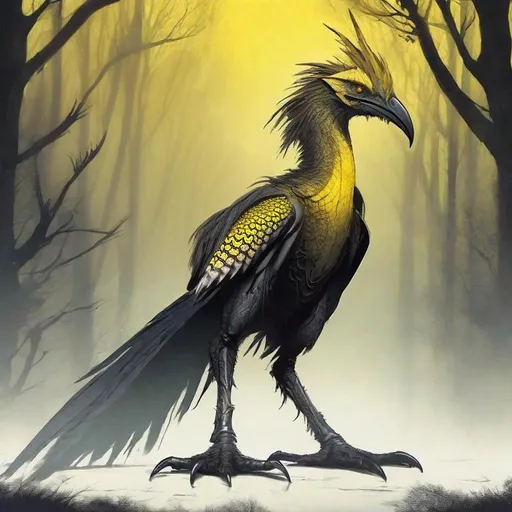 Prompt: Large, flightless bird creature with elongated, razor-sharp metallic beak and talons, feathered body, ambient moonlight casting shadows, eyes glowing yellow, front view, set against a misty forest backdrop with eerie atmosphere