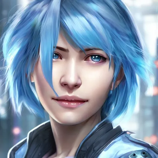 Prompt: gentle smile, female, cyberpunk setting, light blue hair