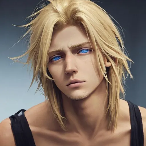 Prompt: tired guy with shoulder length blonde hair, he has blue eyes and a scar