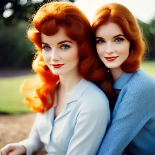Prompt: young woman red hair, and a one British mother in the 40 age ,browncurly hair,pale skin and blue eyes,1960s aesthetic