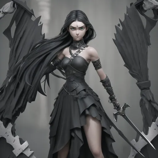 Prompt: A young warrior woman, with black hair and green eyes, dressed in a black dress with silver shackles around her arms. She stands on the bones of her enemies, with two swords in both hands. Tears of blood run down her face from the pain.


