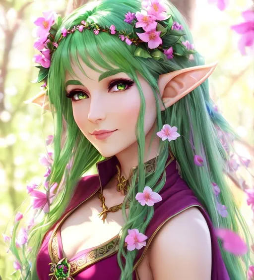 Prompt: eladrin elf druid, green hair,  pink eyes, ecstatic, excited, graceful, happy, vibrant colours, springtime flowers, nature, druid robes