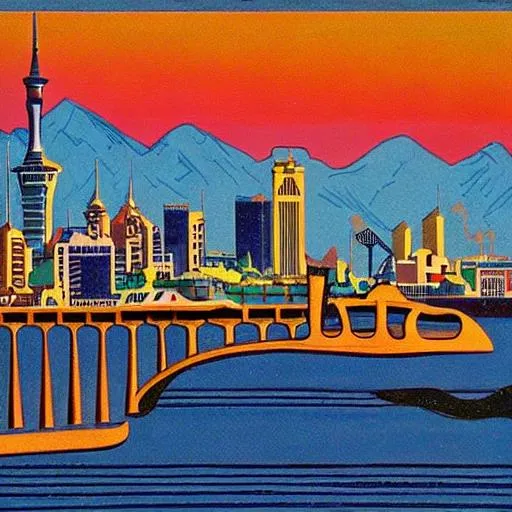 Prompt: Art Deco landscape of Auckland New Zealand 