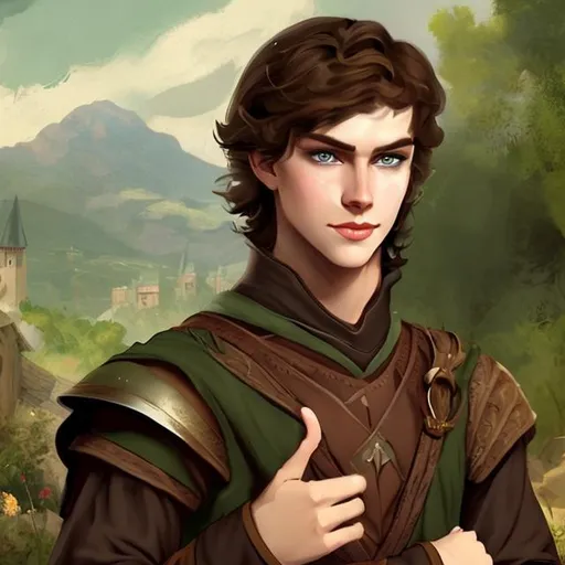 Prompt: fantasy handsome young brunette peasant, leather wrist cuffs
light brown hair
green eyes
mischievous smirk
medieval romantic painting
