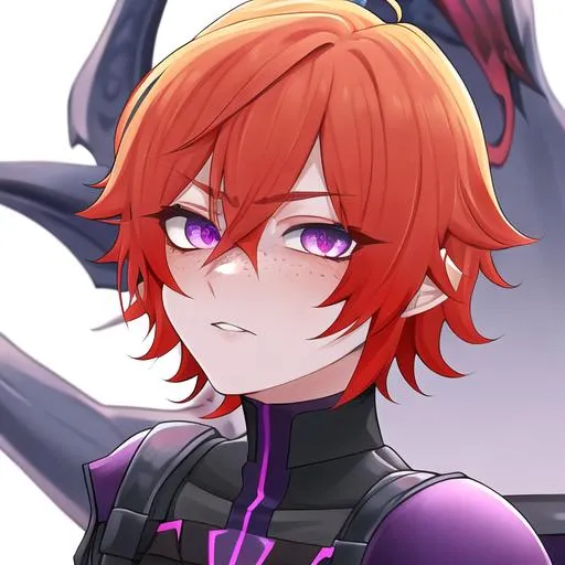 Prompt: Erikku male (short ginger hair, freckles, right eye blue left eye purple) UHD, 8K, Highly detailed, insane detail, best quality, high quality, Upset