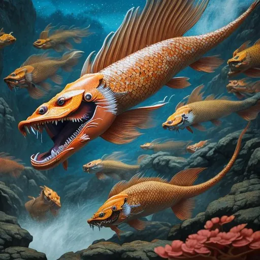 Prompt: Museum exhibit of 3d protection of Close-up picture on the wall painting of a fire-breathing Japanese carp fish in the magic water, soft lighting, 8k resolution, hyper detailed, cinematic, deep lighting, Ukiyo-e hyperdetailed Unreal Engine dynamic lighting,Splash art, trending on Artstation