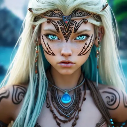 Prompt: professional modeling photo Disney Kida as live action human woman hd hyper realistic beautiful athletic warrior woman white hair tan skin blue eyes beautiful face blue tribal outfit and jewelry and tribal tattoo enchanting atlantis hd background with live action realistic magical water