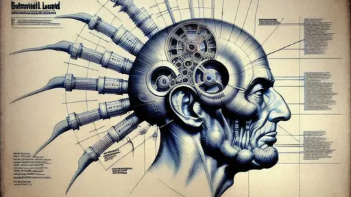 Prompt: technical drawing blueprint Futurism art style infographics exploded view of  biomechanical head of abraham lincoln by hr giger combined with Zdzislaw Beksinski and Ed Binkley, retro, infographics, marginalia, detailed exploded view, 1950's popular mechanics poster, retrofuturistic
