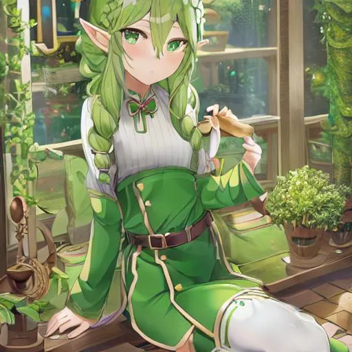 Prompt: 1 twink, cute elf merchant covered in green vines, white braided hair, thigh high socks, leather boots, highest quality, attention to detail, rpg, anime style
