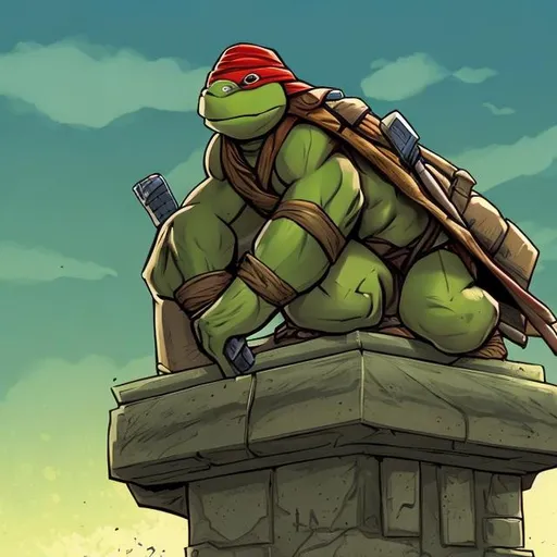Prompt: Lone teenage mutant Ninja turtle on roof top