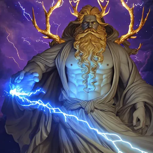 Prompt: stone statue of man, majestic flowing robe, golden highlights, majestic rugged beard, glowing eyes, angry, casting thunder magic, floating in outer space, glowing golden antlers, dark gas clouds, cosmic scene, yellow lightning, masterpiece, ultra hd, 4k, dynamic lighting, photorealistic