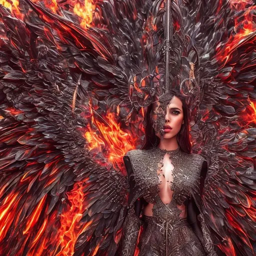 Prompt: beautiful human female angel Lucifer marching, gates of heaven, armies, red fires, super detailed, cinematic, hyper realistic, dark, wet, perspective, ferro fluid, stars, molten, spikey shard angel wings, black armor, occidental, 