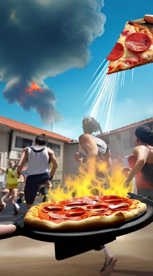 Prompt: Pizza melting from the sky while people are running for safety 