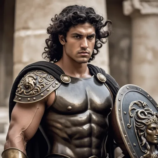 Prompt: classic Greek warrior, spear and shield, medusa head symbol on shield, black hair curled with oil close cropped to head.  Muscular, bronze breastplate, greaves, bracers.  