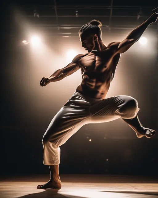 Prompt: A powerful athlete captured mid-kick, body arched back, muscles tensed, performing an athletic capoeira move. Bright stage lighting spotlights the dancer executing the dynamic pose against a dark background. Photographed from a low angle perspective with a 24-70mm lens on a Canon 5D Mk IV to emphasize the height and strength of the kick. Conveys beauty, control, and discipline.