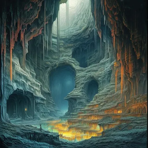Prompt: Landscape painting, underground city in a vast cave, dull colors, danger, fantasy art, by Hiro Isono, by Luigi Spano, by John Stephens
