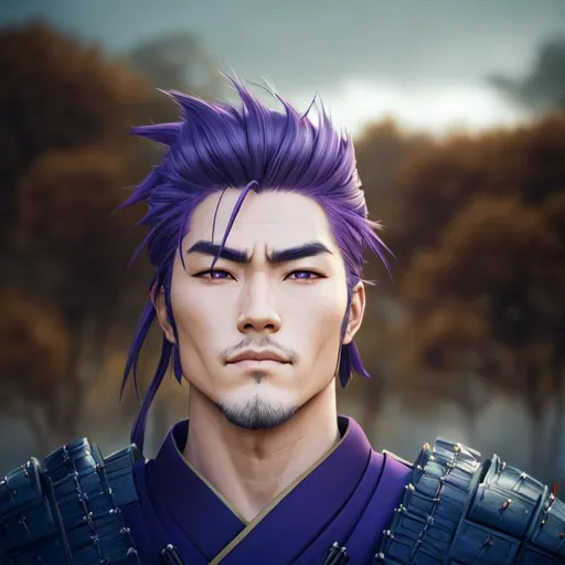 Prompt: Portrait of samurai with purple hair and with a strong face, top half of his armor is taken off so he is bare-chested, muscles showing,   standing alone in a field, perfect composition, hyperrealistic, super detailed, 8k, high quality, trending art, trending on artstation, sharp focus, studio photo, intricate details, highly detailed, by greg rutkowski