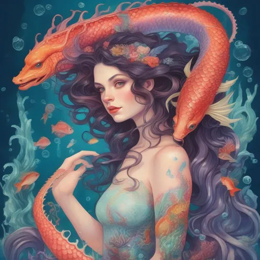 Prompt: A colourful and beautiful Persephone, with brunette hair and her hair being made out of magic and tentacles, with scales on her skin, with a sea-dragon and fish underwater in a painted style surrounded by pearl and coral