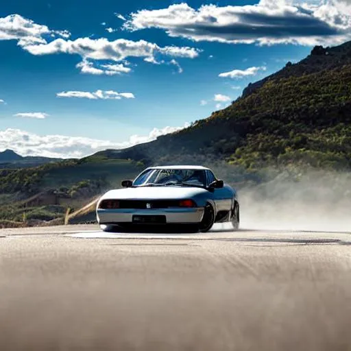 Prompt: modified RX7 drifting on a turn road. beautiful mountain range, early in the morning, cinematic, cirrus clouds, landscape photography. Gray with label I love Jesus. real photo