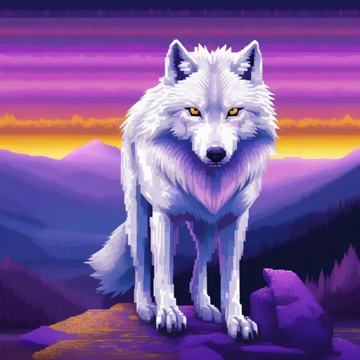 Prompt: (pixel art), 32-bit, beautiful {white wolf}, with {silver eyes}, looking at viewer, glaring through fourth wall, layers of purple mountain silhouettes, magical fantasy crystal lake, twilight, highly detailed, beautifully detailed shading, complementary colors, golden ratio