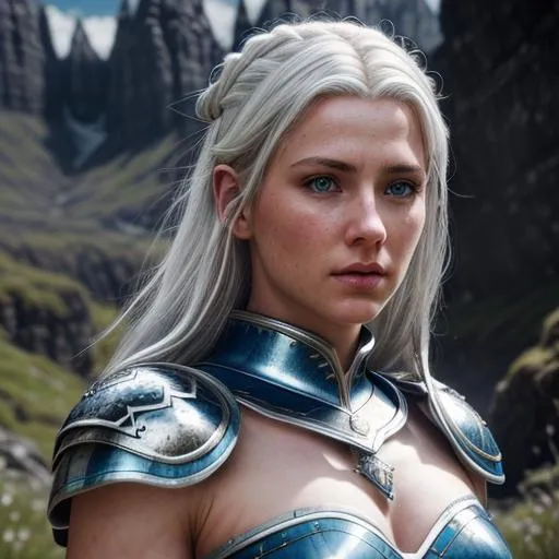 Prompt: photo realistic scottish female warrior white hair, slate blue eyes closeup half body shot, perfect body, bracelet, queen beautiful body, looking away, utopian, body parts, highly detailed, octane render, cinematic, highly detailed, vibrant, production cinematic character render, ultra high quality model, 8k Ultra HD