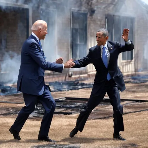Prompt: Joe Biden and Barack Obama dancing on burning school grounds