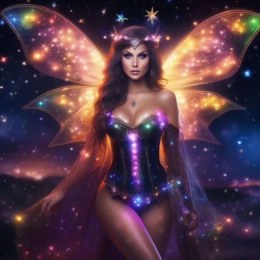 Prompt: A full body image of a stunningly beautiful, hyper realistic, buxom woman with bright eyes wearing a sparkly, glowing, skimpy, sheer, fairy, witches outfit on a breathtaking night with stars and colors with glowing sprites flying about