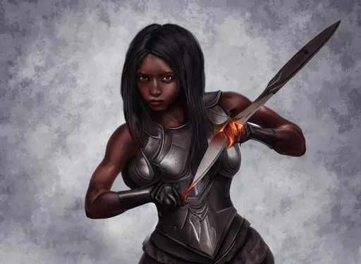 Prompt: Masterpiece,   dark-skinned girl,  black armor,  black hair,   , goddess, holding a knife