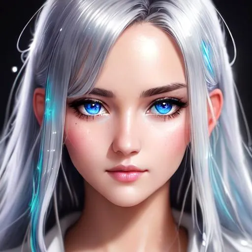 Prompt: cute young photographic girl with silver wild hair in wet and oily with button down, goddess, symmetrical face, sharp focusPortrait of a Beautiful woman, kidmo face, sparkle face, cute face, beautiful and sparkle blue eyes, sparkling, glow, intricate, anime vibes, Digital art by greg rutkowski, tan, perfect body, perfect eyes, uhd, super detailed, hd, 4k,8k, unreal engine 8k octane,  lighting studio, trending on artstation, oil painting, fractal, perfect composition, 