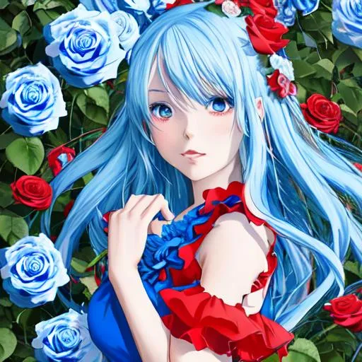 Prompt: 
Anime girl with blue and white hair wearing a red dress in a rose bush with blue and red roses 