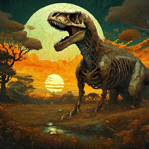 Prompt: savanna, vast and sprawling landscape, Bright Amber moon with swirling clouds, Acacia Trees dot the landscape,  massive storm clouds, Ivan Shishkin, Victo Ngai, Gregorio Catarino, Cyril Rolando, Michal Karcz, the skeleton of  a Tyrannosaurus Rex lays on the ground,  Anato Finnstark, Flavio Greco Paglia,  hyperdetailed defined oil painting, vibrant colors, 8K resolution, polished divine photorealistic intricate complex HDR, amber glow, dreamy,
extremely detailed, cinematic lighting, poster, award winning,