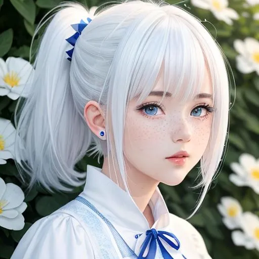 Prompt: hyper detailed, high resolution, anime, sketch, anime illustration, cute, attractive, dark academia clothes, tomboyish side-tails haircut, pure white hair, vibrant bright blue eyes, blue and white colors only, white freckles, lovely face, cute facial features, plush cheeks, full lips, garden background, sharp focus, side view, volumetric lighting, ear length messy hair with two torso length tails in front on both sides of head, hair like xiao from genshin